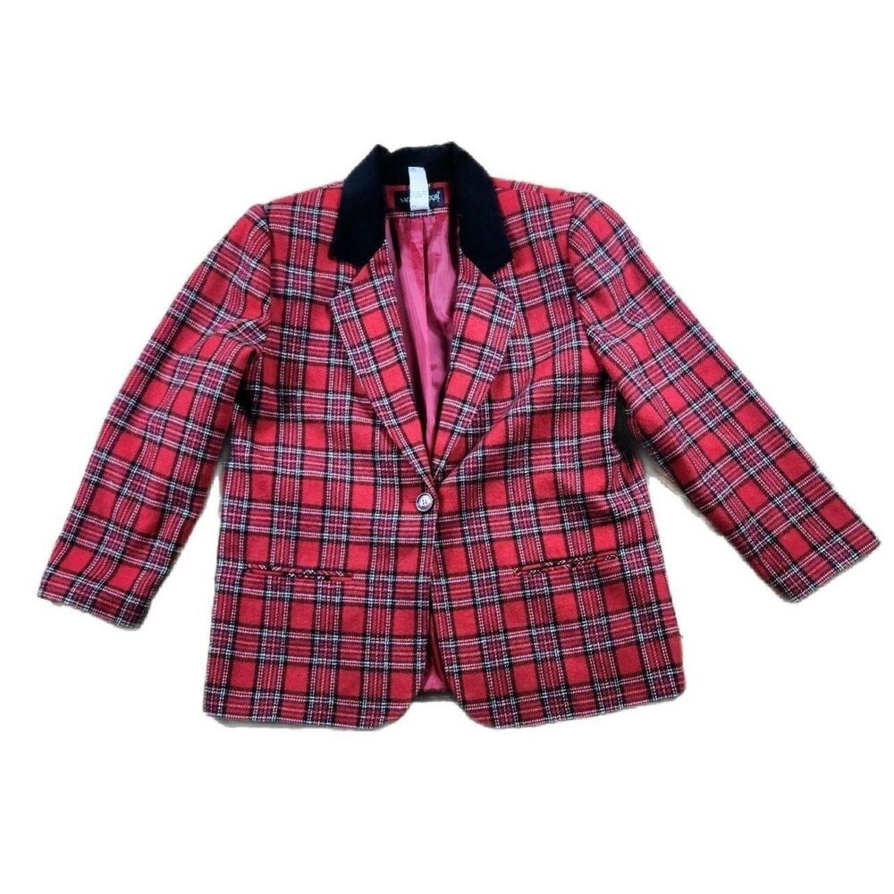 VINTAGE SAG HARBOR WOOL TARTAN BLAZER VELVET COLLAR HOLIDAY PREPPY ACADEMIA
